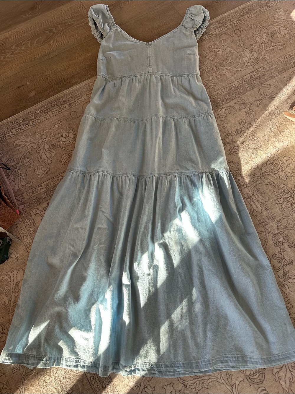 Light Blue Chambray Tiered Maxi Dress with Ruffled Shoulder Straps